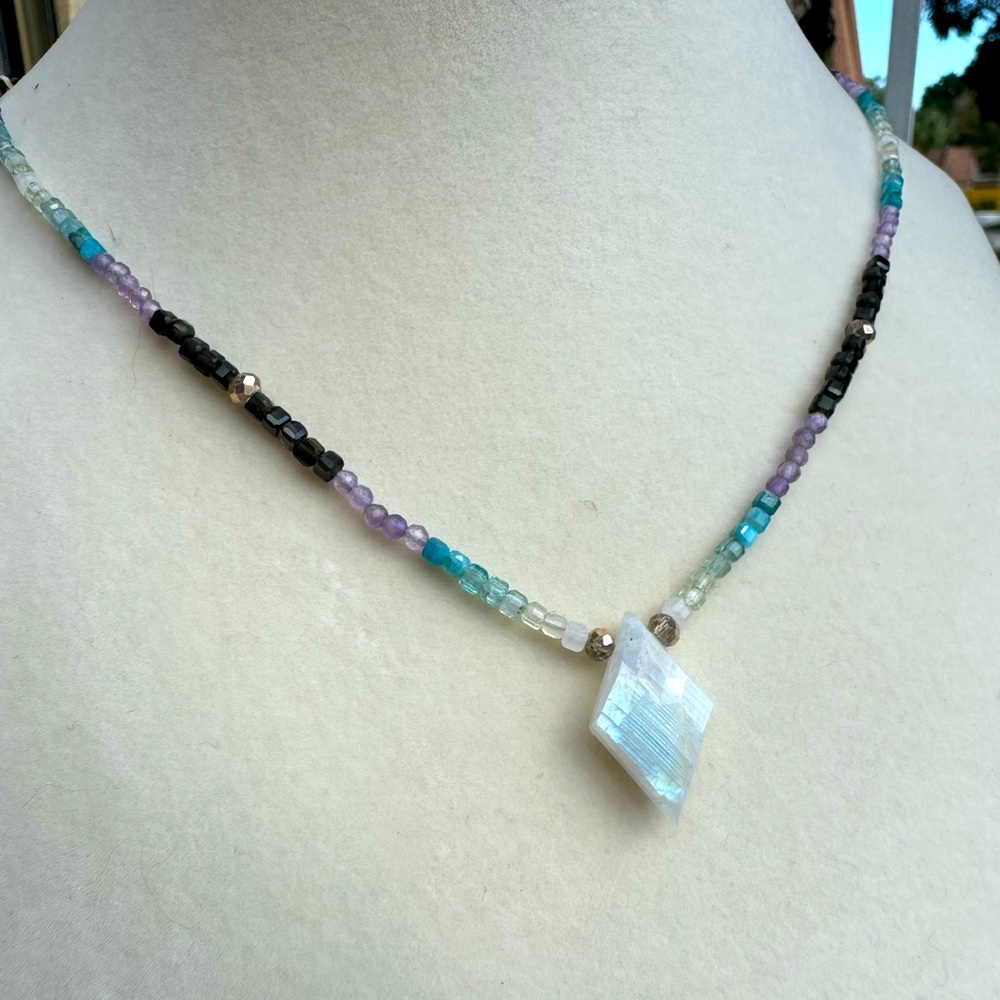 Rainbow Moonstone necklace with apatite, onyx, and amethyst beads